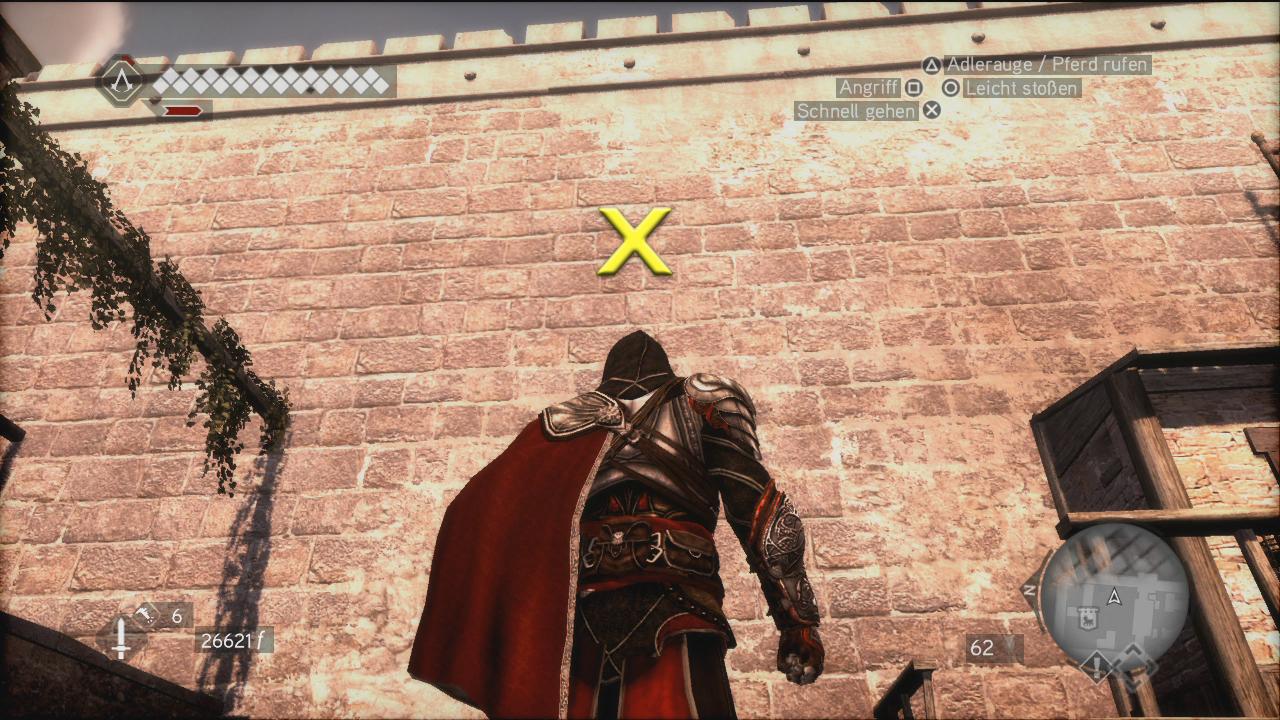 [16/11/2010] Assassin's Creed: Brotherhood Komplettlösung: Glyphen-Rätsel Nr. 1: Die erste Glyphe befindet sich an der mit dem X markierten Innenseite der östlichen Mauer der Prätorianer-Burg. Klettert dazu einfach die Wand empor. (2)