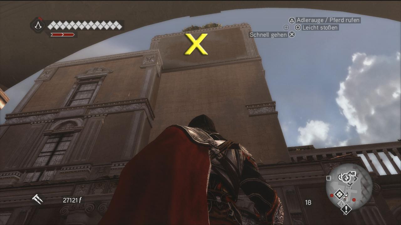 [16/11/2010] Assassin's Creed: Brotherhood Komplettlösung: Glyphen-Rätsel Nr. 2: Eine weitere Glyphe befindet sich weit oben an der Ostseite des Freudenhauses. Klettert über die Fenster auf der linken Seite empor und hangelt euch dann rüber. (2)