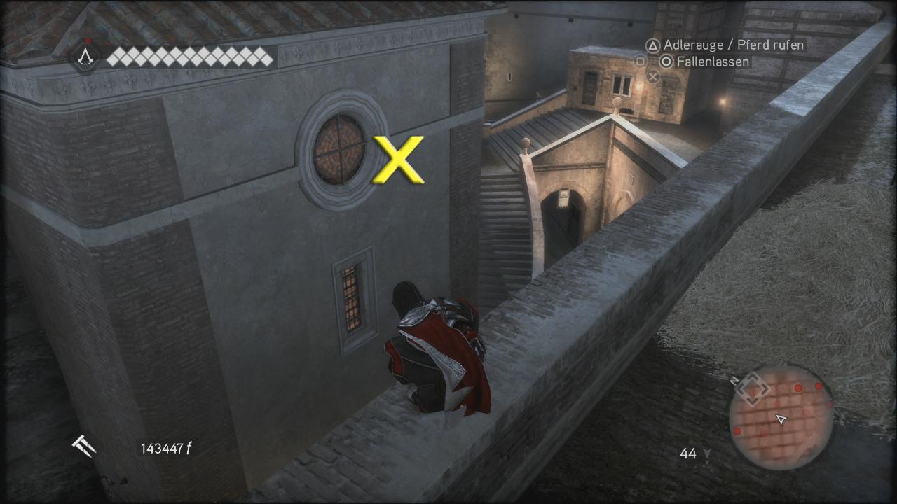 [16/11/2010] Assassin's Creed: Brotherhood Komplettlösung: Glyphen-Rätsel Nr. 3: Glyphe Nr. 3 ist an der abgebildeten Mauer des Papst-Schlosses. Schleicht euch über die Brücke an den Wachen vorbei und klettert die Burgmauer hoch. Von hier aus springt an den Vorsprung neben dem Rundfenster und ihr seid da. (2)