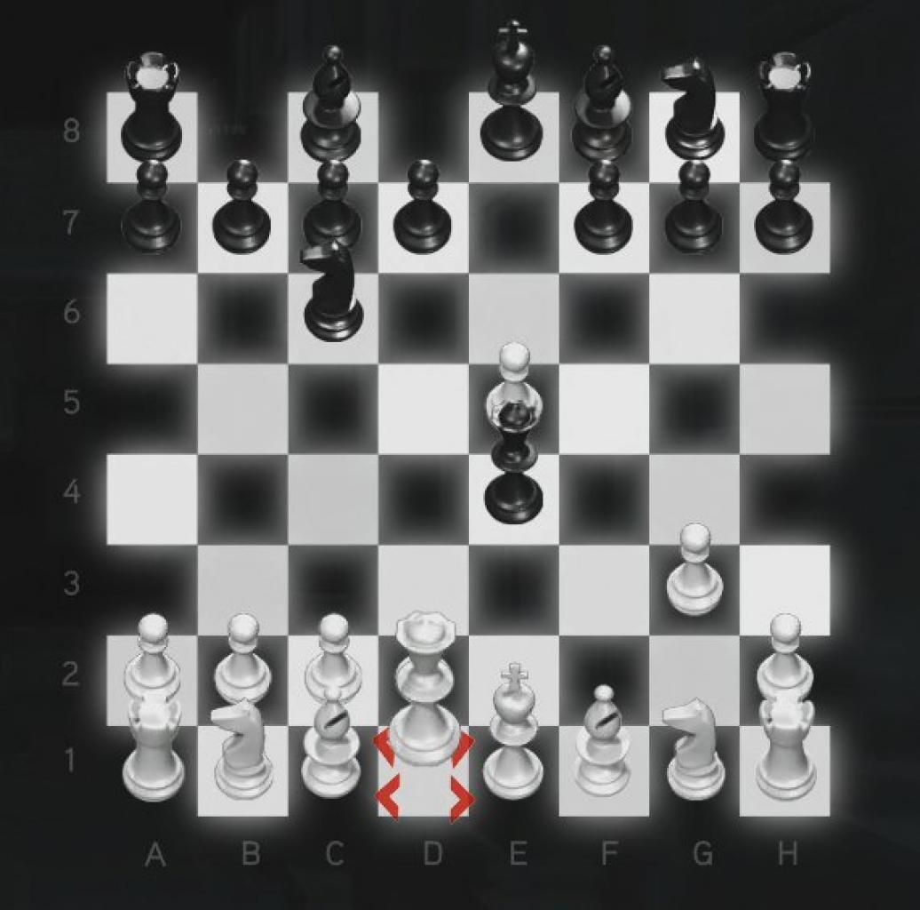 [16/11/2010] Assassin's Creed: Brotherhood Komplettlösung: Glyphen-Rätsel Nr. 5: Die schwarze Dame ist weitergezogen und bedroht den König erneut. Kontert mit eurer eigenen Dame und stellt diese vor den König auf E2.