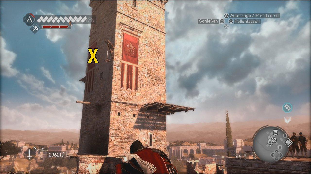 [16/11/2010] Assassin's Creed: Brotherhood Komplettlösung: Glyphen-Rätsel Nr. 6: Aventino ist einer der Hügel, auf denen Rom erbaut wurde. Die begehrte Glyphe findet ihr auf mittlerer Höhe des Borgia-Turmes. (2)