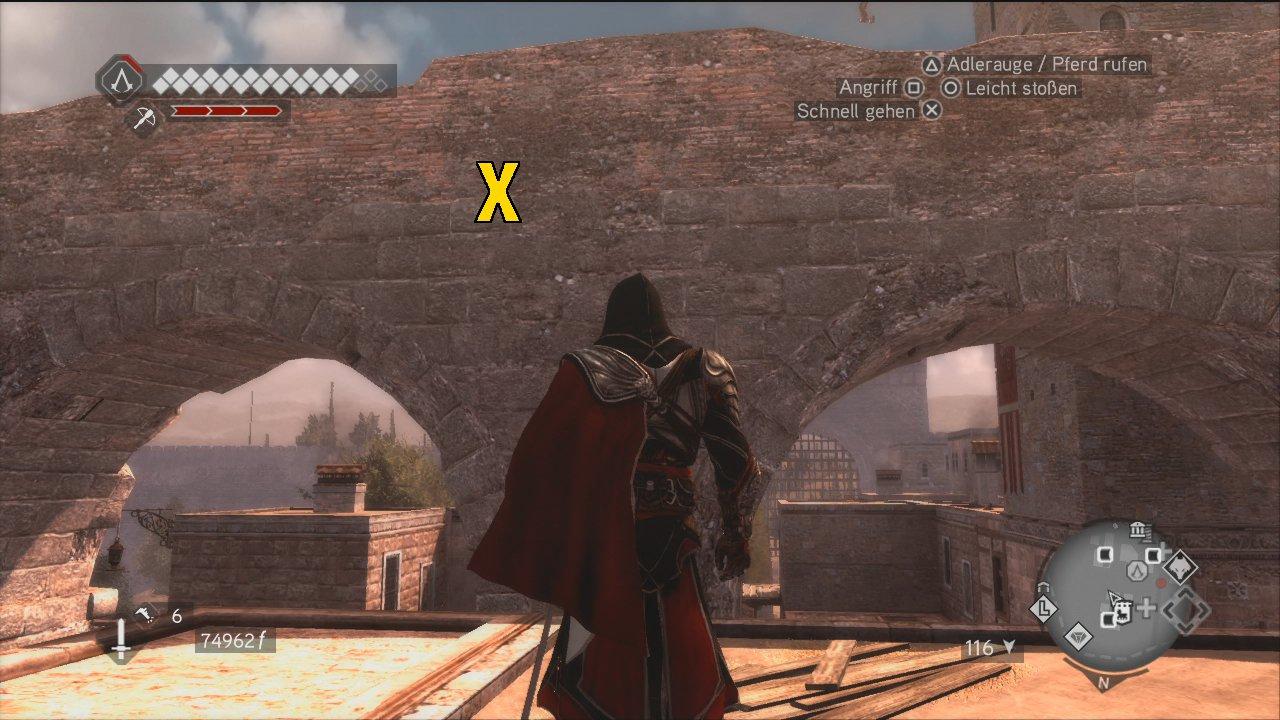 [16/11/2010] Assassin's Creed: Brotherhood Komplettlösung: Glyphen-Rätsel Nr. 7: Die siebte Glyphe ist richtig fies platziert. Ihr findet sie an der abgebildeten Stelle des Claudia-Aquäduktes (siehe Karte). Um die Glyphe zu erreichen, müsst ihr jedoch über eine Holzleiter weiter westlich erst auf die Wasserstraße hoch und euch fallen lassen. (2)