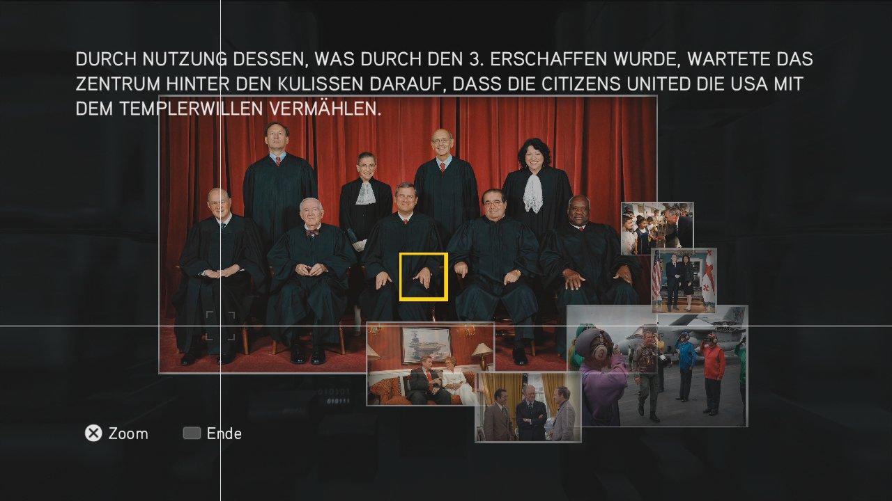 [16/11/2010] Assassin's Creed: Brotherhood Komplettlösung: Glyphen-Rätsel Nr. 7: Das größte Foto ist zugleich das entscheidende. Fahrt mit dem Filter über die linke Hand des mittleren Mannes und ihr seht ein Templerabzeichen. (1)