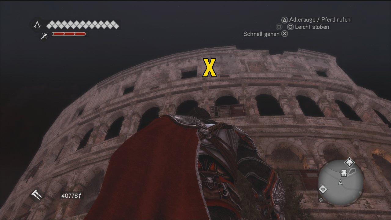[16/11/2010] Assassin's Creed: Brotherhood Komplettlösung: Glyphen-Rätsel Nr. 8: Ganz oben an der Nordwestfront der Kolosseumsruine residiert die nächste Glyphe. Die Fassade bietet genug Klettermöglichkeiten, um sie auf direktem Weg zu erreichen. (2)