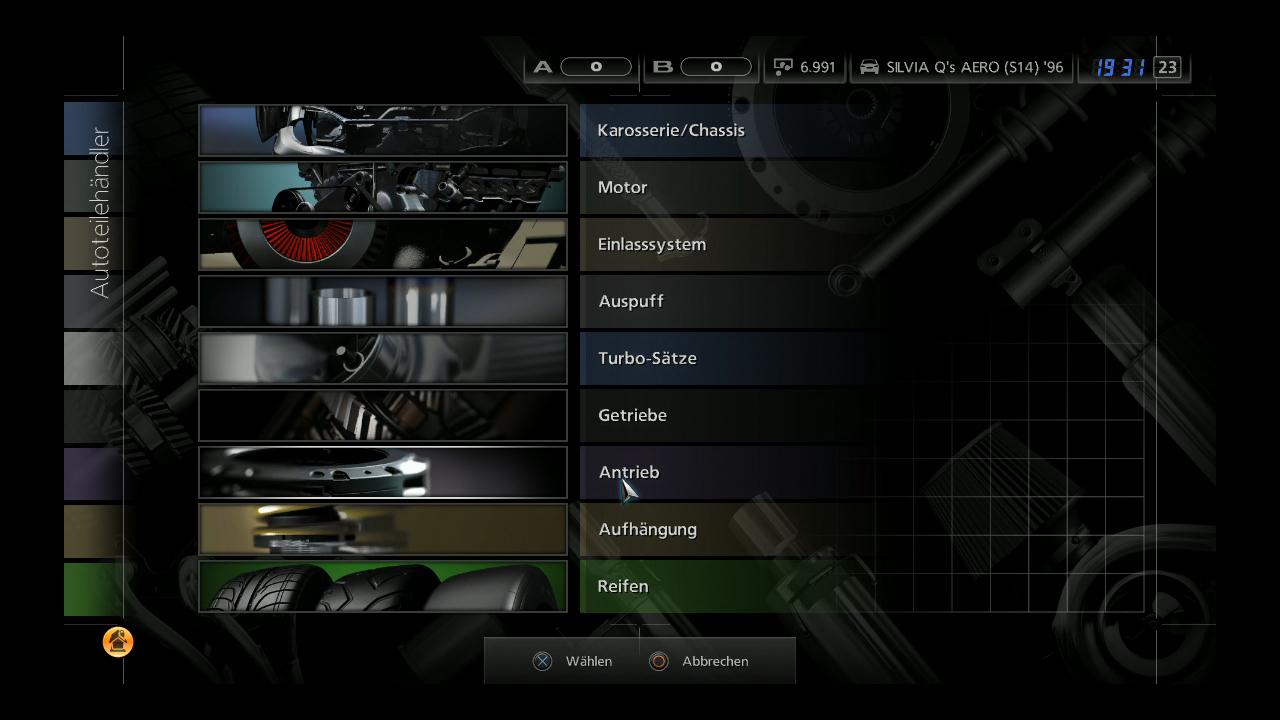 [24/11/2010] Autoteile Menü-Bildschirm in Gran Turismo 5. 