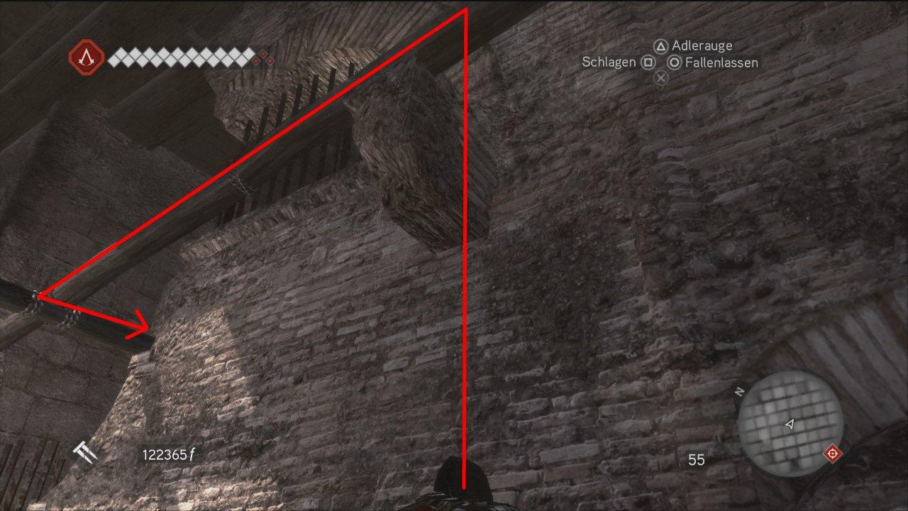 [16/11/2010] Über den Querbalken lauft ihr zurück bis zum Lock in der Wand und springt auf das Mauerstück. Folgt weiter dem Weg bis kurz nach dem Tor.