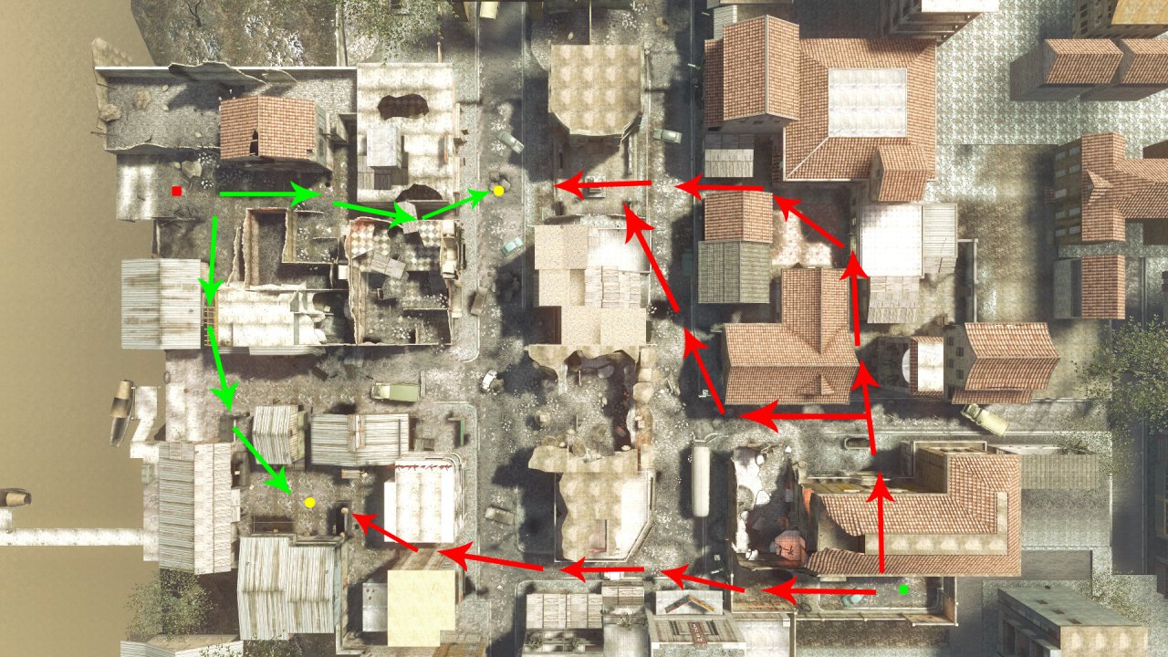 [07/12/2010] Sprengkommando - Einstiegspunkte der Fraktionen sind die beiden Quadrate. Grün steht für die Black Ops und rot für Speznas. Die gelben Kreise sind die Sprengkommando-Platzierungsorte.