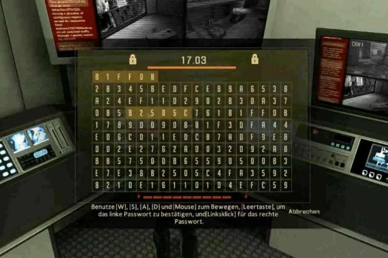 [17/12/2010] Im Auftrag des amerikanischen Geheimdienstes Alpha Protocol wird der Spieler als Michael Thornton im gleichnamigen Rollenspiel gegen islamistische Terroristen ins Feld geschickt, findet sich dann aber bald in einer großangelegten Verschwörung wieder. Hacken erfolgt durch das Ausfindigmachen statischer Zahlen in einem sich ansonsten ändernden Zahlenstrom.