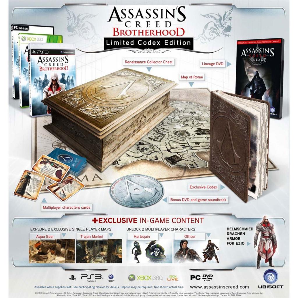 [17/12/2010] Platz 1: Gold für Ezio; Assassin's Creed: Brotherhood kommt als Limited Codex Edition in einer edlen Box mit einer Karte von Rom, dem Kurzfilm Lineage auf DVD, einer Bonus DVD, dem Soundtrack und exklusivem In-Game-Material daher. Sieger mit 72 Stimmen (17,1%).