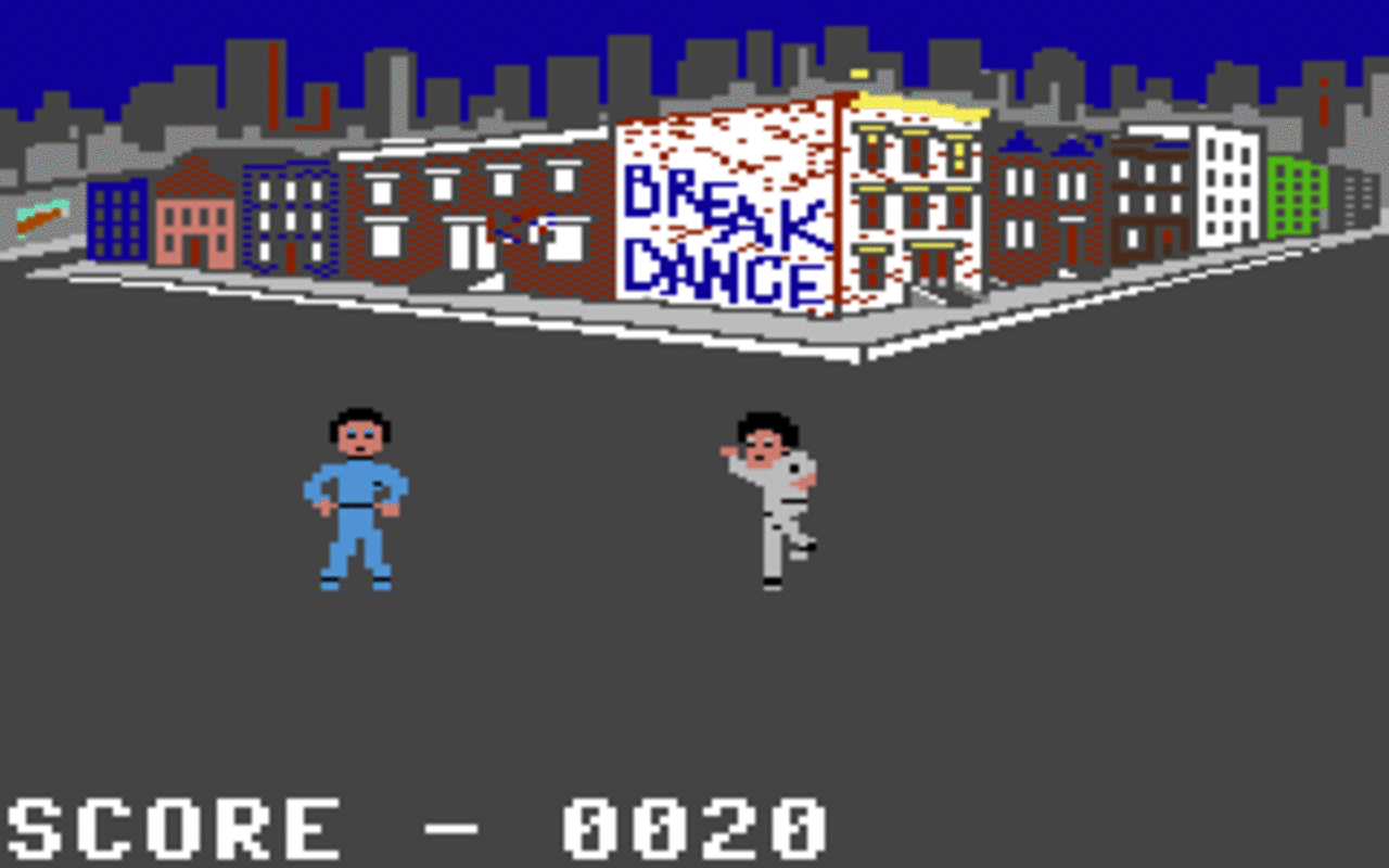 [17/12/2010] Bei Break Dance auf dem C64 brachte man durch Joystick-Gewackel verpixelte Tänzer zum Abhotten.