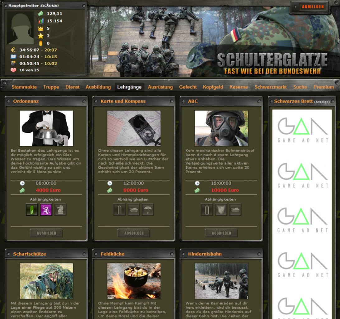 [20/01/2011] Platz 7: Schulterglatze: Das Browsergame für alle Bundeswehr-Soldaten und -Fans springt mit vier Stimmen (2,4%) auf den siebten Platz - ob es für das Voting einen Orden gab?