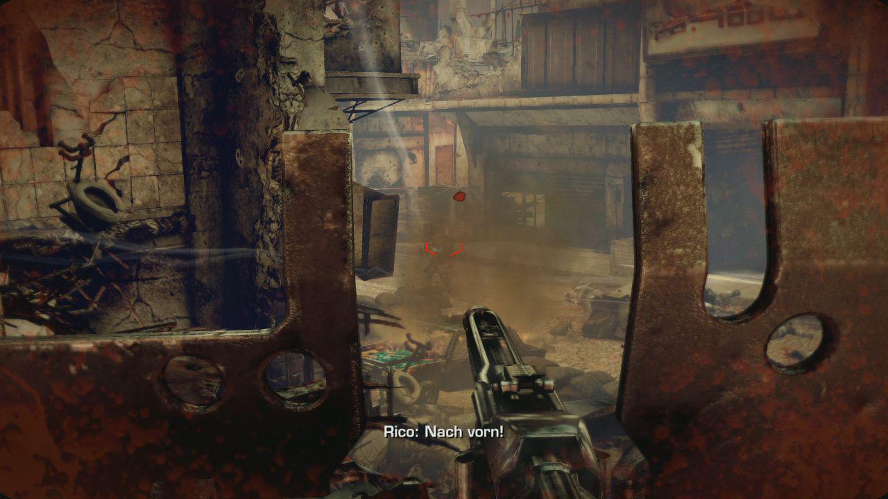 [21/02/2011] Nach der Panzerfahrt müsst ihr in einem Haus eine MG-Stellung einnehmen. Diese befindet sich hinter der dritten kaputten Tür. Da an dem MG ein Helghast sitzt, müsst ihr sofort nach dem Zerstören dieser Tür in Deckung gehen. Habt ihr den Helghast ausgeschaltet, könnt ihr den ISA-Truppen mit dem MG Deckung geben.