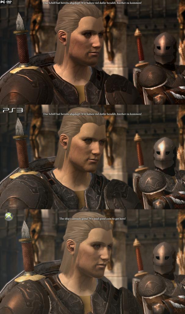 [07/03/2011] Dragon Age 2 im Grafikvergleich: Xbox 360 (unten) gegen PS3 (Mitte) und PC (oben). Auf dem PC kamen DirectX 11 und das High-Res-Texture-Pack für Dragon Age 2 zum Einsatz. (4)