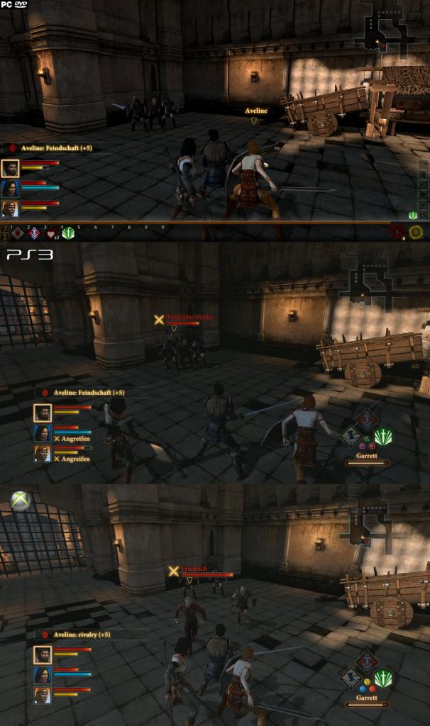 [07/03/2011] Dragon Age 2 im Grafikvergleich: Xbox 360 (unten) gegen PS3 (Mitte) und PC (oben). Auf dem PC kamen DirectX 11 und das High-Res-Texture-Pack für Dragon Age 2 zum Einsatz. (5)