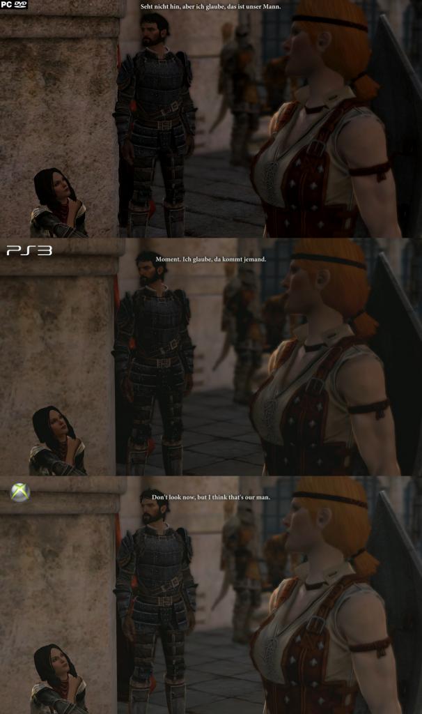 [07/03/2011] Dragon Age 2 im Grafikvergleich: Xbox 360 (unten) gegen PS3 (Mitte) und PC (oben). Auf dem PC kamen DirectX 11 und das High-Res-Texture-Pack für Dragon Age 2 zum Einsatz. (6)