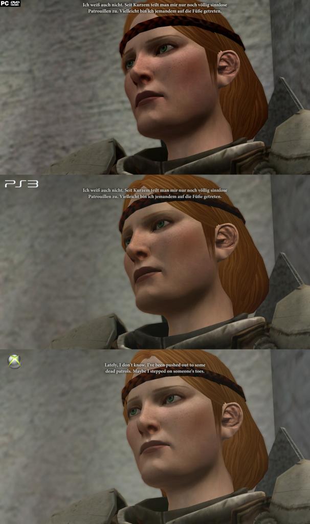 [07/03/2011] Dragon Age 2 im Grafikvergleich: Xbox 360 (unten) gegen PS3 (Mitte) und PC (oben). Auf dem PC kamen DirectX 11 und das High-Res-Texture-Pack für Dragon Age 2 zum Einsatz. (7)