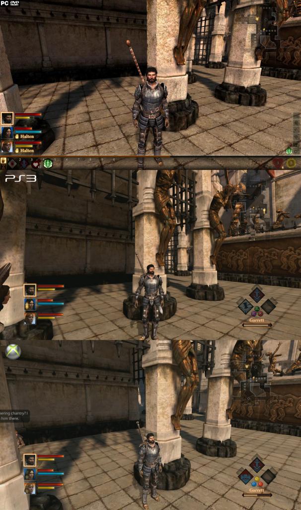 [10/03/2011] Dragon Age 2 im Grafikvergleich: Xbox 360 (unten) gegen PS3 (Mitte) und PC (oben). Auf dem PC kamen DirectX 11 und das High-Res-Texture-Pack für Dragon Age 2 zum Einsatz. (2)