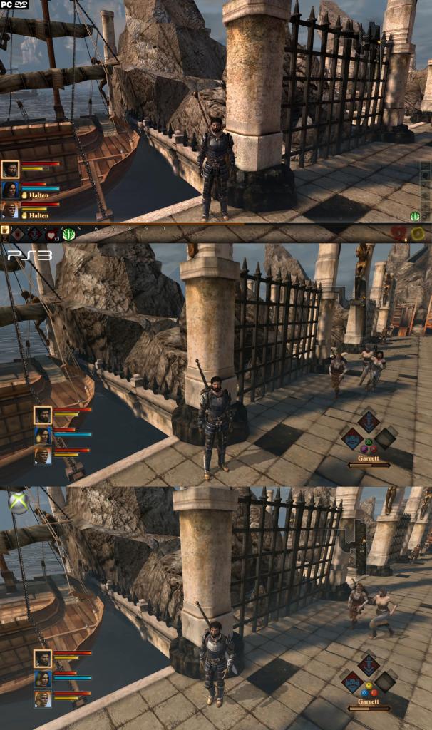 [10/03/2011] Dragon Age 2 im Grafikvergleich: Xbox 360 (unten) gegen PS3 (Mitte) und PC (oben). Auf dem PC kamen DirectX 11 und das High-Res-Texture-Pack für Dragon Age 2 zum Einsatz. (1)