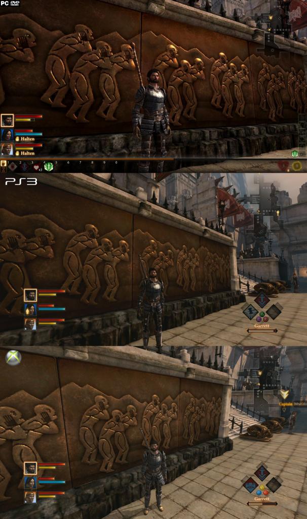 [10/03/2011] Dragon Age 2 im Grafikvergleich: Xbox 360 (unten) gegen PS3 (Mitte) und PC (oben). Auf dem PC kamen DirectX 11 und das High-Res-Texture-Pack für Dragon Age 2 zum Einsatz. (3)