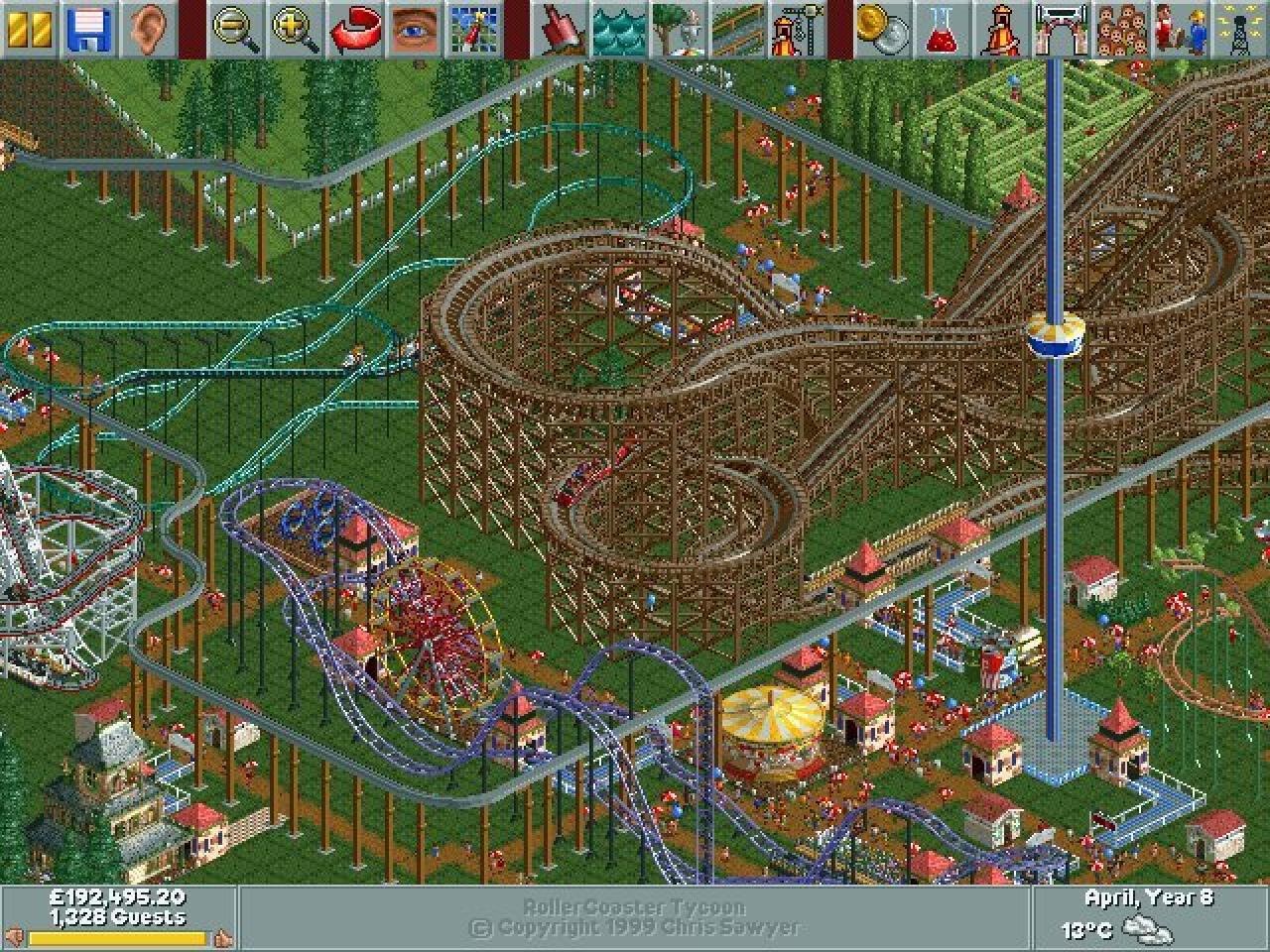 [08/04/2011] RollerToaster Tycoon: Wem bemi Schnellverzehr in luftigen Höhen schlecht wird, sollte auf diese Kost lieber verzichten. Nachdem der letze Gang von vielen Gästen verschmäht wurde, bleibt eine Neukreation wohl eher aus. (Bild: Roller Coaster Tycoon).
