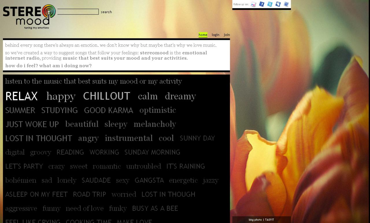 [10/05/2011] Ab hier findet ihr die Original-Vorschläge der Redaktion: StereoMood - Am besten ihr startet diese Website, bevor ihr euch die weiteren Einträge anschaut, klickt auf eine Stimmung, die ihr gerne hättet und genießt etwas Abwechslung von euren alten Last.fm-Playlists.