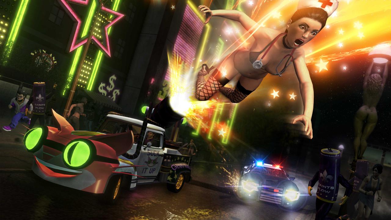 [01/06/2011] Bei Saints Row: The Third ist die Auswahl an bekloppten Vehikeln gigantisch. Am geilsten sind wir jedoch mit dem Genki-Mobil unterwegs, saugen Passanten auf und schießen sie an die Wand.