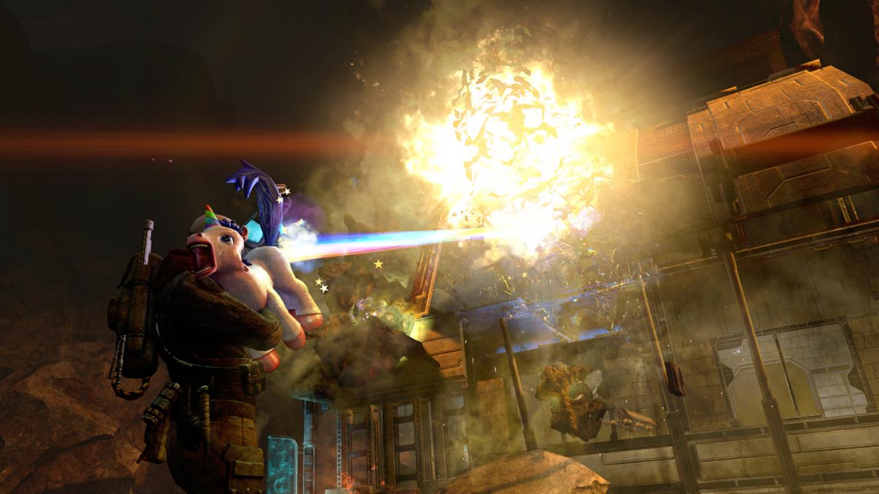 [12/07/2011] Mr. Toots (Red Faction: Armageddon) - Das pinke Einhorn will so gar nicht zu der düsteren Marswelt aus Red Faction: Armageddon passen. Es sieht einfach zu süß aus. Dabei hat es Fabelwesen faustdick hinter den Ohren. Es verschießt nämlich aus seinem Hinterteil (!) einen bunten Regenbogenstrahl, der alles Leben in null Komma nix auslöscht!
