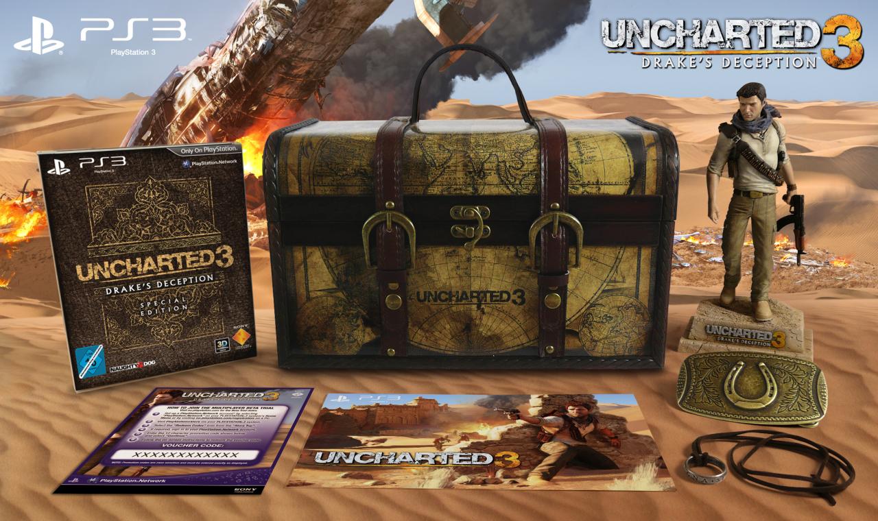 [08/09/2011] Uncharted 3: Drake's Deception - Explorer Edition - In einer schicken Truhe verstaut sind die Extras dieser Sammleredition zu Uncharted 3 für PS3. Neben einer Statue und einer Gürtelschnalle enthält die Sammlung auch die Special Edition des Spiels.