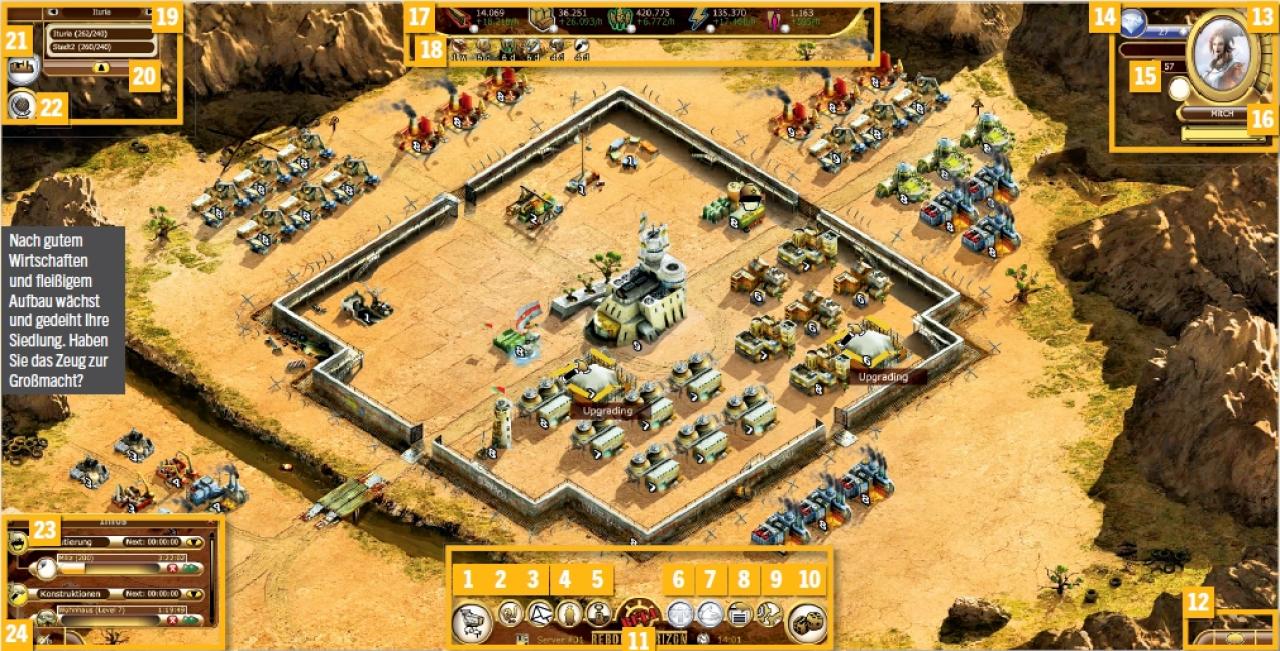 [26/10/2011] Reborn Horizon - Das Interface in der Übersicht: 1 - Shop, 2 - Aufgaben-Schaltfläche, 3 - Nachrichten, 4- Inventar, 5 - Rangliste, 6 - Freundeliste, 7 - Allianz-Menü, 8 - Forum, 9 - Einstellungs-Menü, 10 - Glücksrad, 11 - Server Name/Uhrzeit, 12 - Spielchat, 13 - Avatar/Erfahrungsleiste/Stufenanzeige, 14 - Diamantenvorrat, 15 - Titel/Platzierung. 16 - Spielername, 17 - Ressourcen-Anzeige, 18 - Buffs und Boni, 19 - Name der Stadt, 20 - Schnellübersicht, 21 - Stadtansicht, 22 - Regionskarte, 23 - Informationsfenster, 24 - Einblenden/Ausblenden
