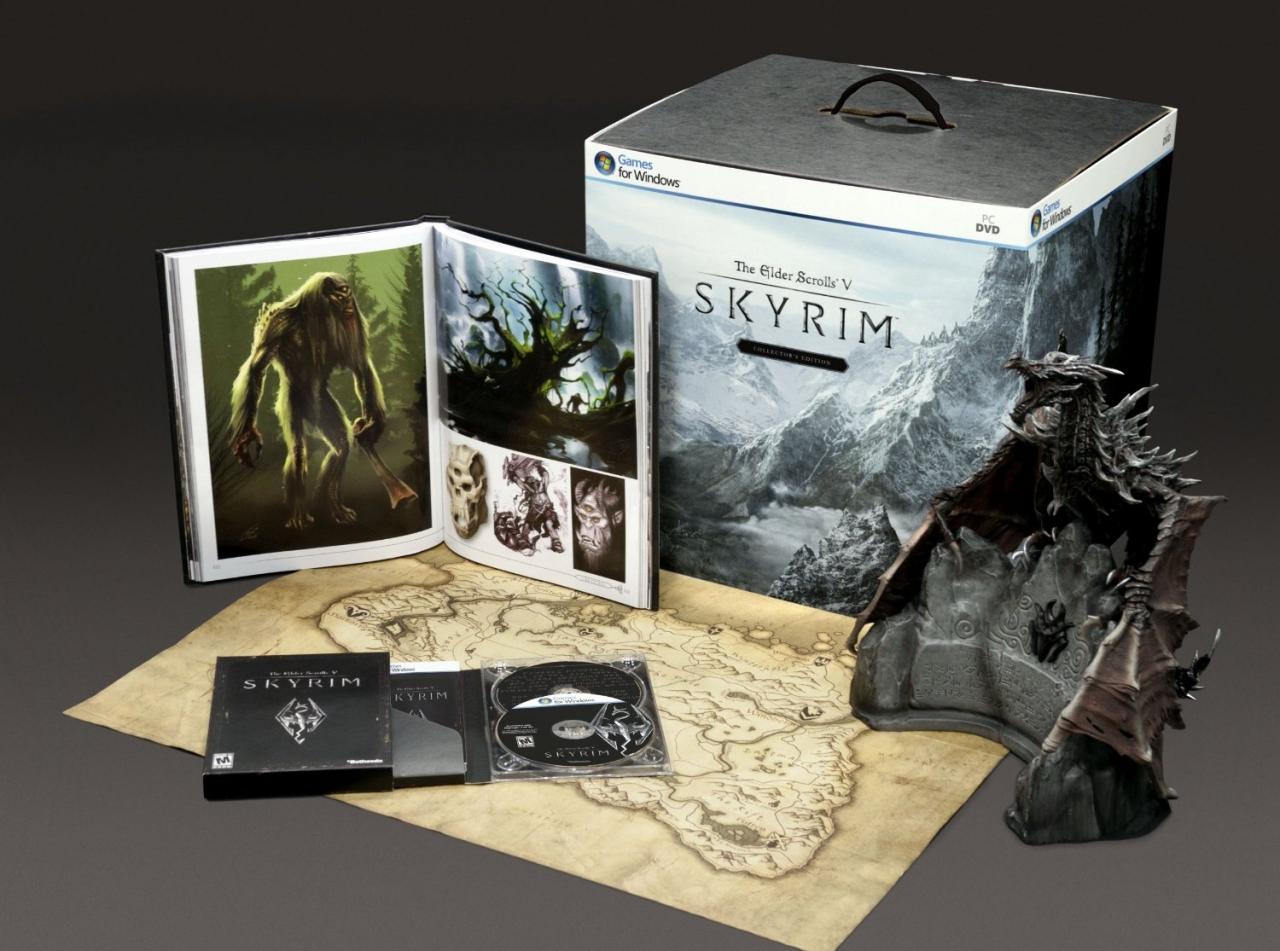 [17/11/2011] Skyrim - Collector's Edition - The Elder Scrolls 5 in der limitierten Auflage bietet ein wunderschönes Artbook, eine Karte sowie eine schicke Drachen-Statue aus dem neuen Abenteuer in Himmelsrand.