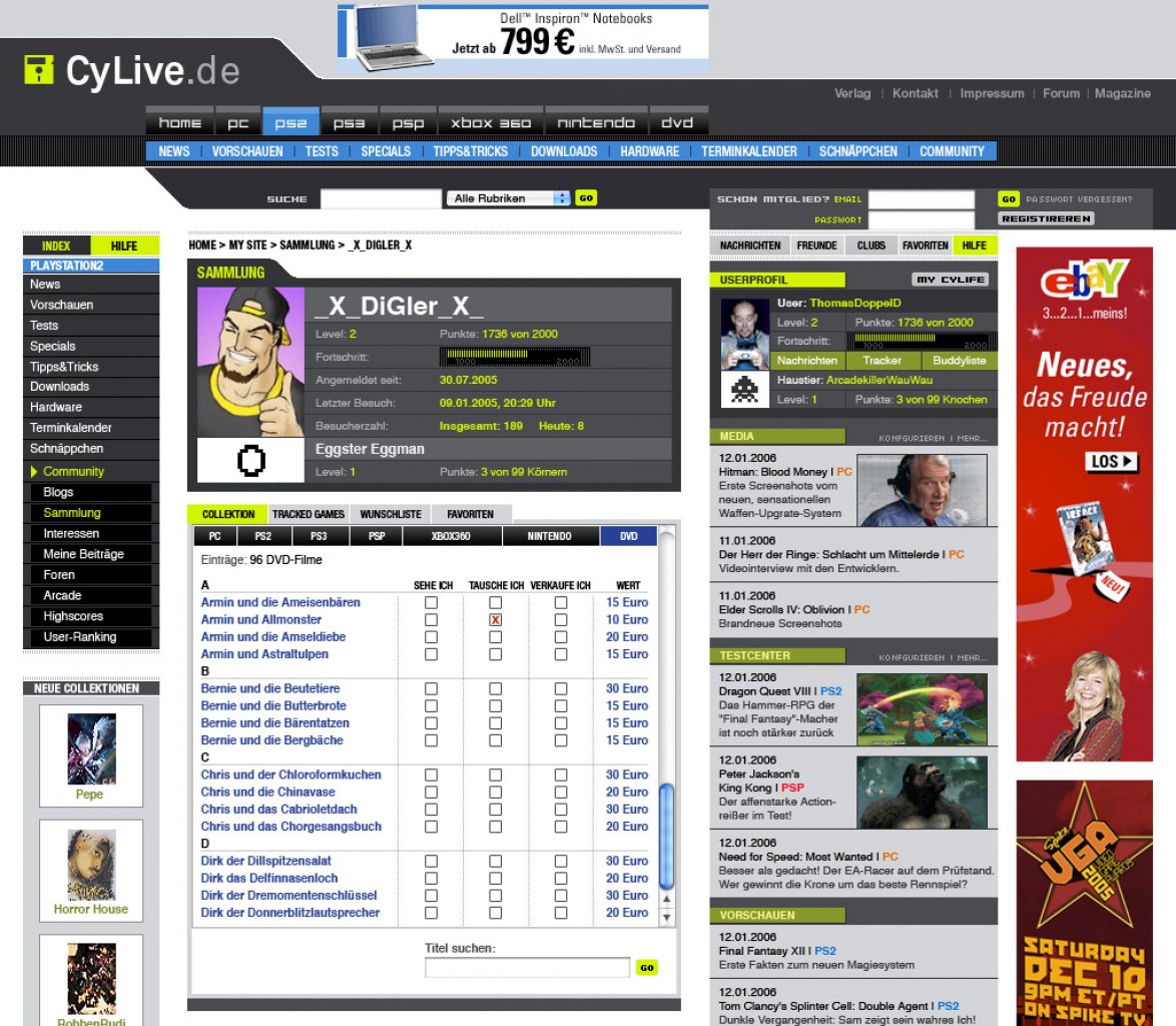 [05/12/2011] Cynamite 1.0 Design: das Design der Sammlungs-Profilseite. Wie man sieht, war Mitch sehr einfallsreich wenn es um Dummy-Texte ging :)