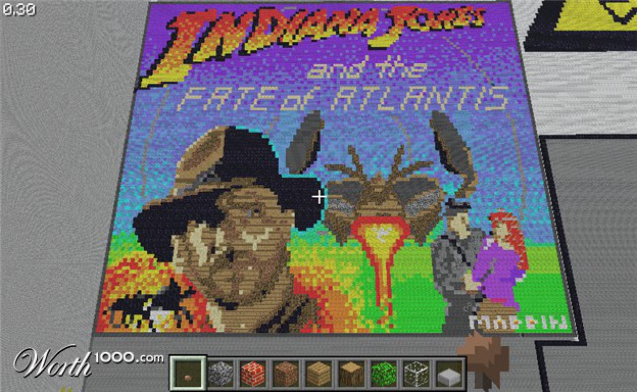 [25/01/2012] Indiana Jones and the Fate of Atlantis - In drei Tagen harter Arbeit und aus insgesamt 1500 Blocks wurde das Cover des LucasArts-Adventures von 1992 auch in Minecraft nachgebaut.