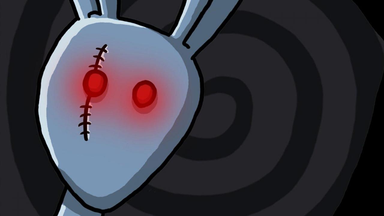 Der ausgestopfte Hase Harvey mit roten Augen