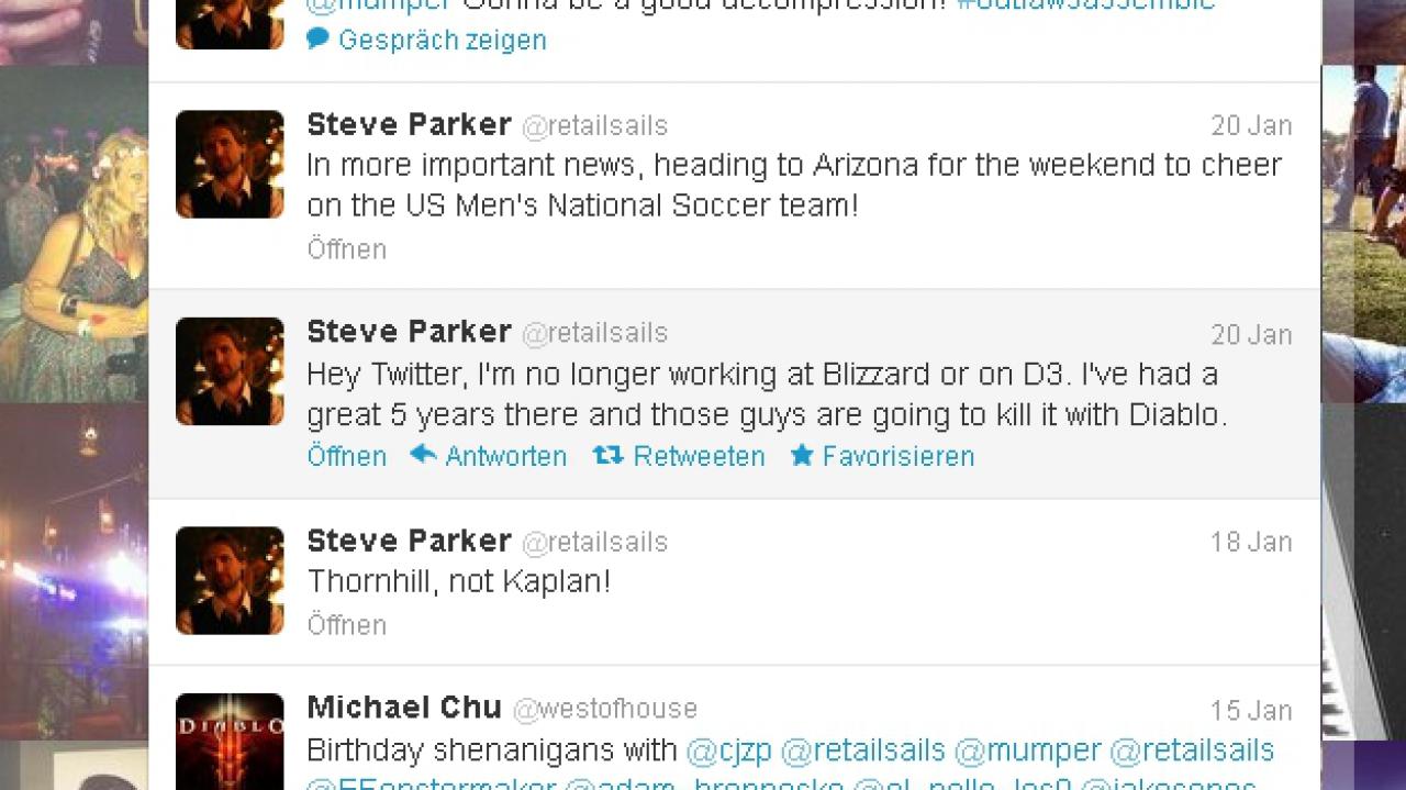 [10/05/2012] 20.01.2012: Per Twitter gibt Steve Parker, Senior Producer von Diablo 3, bekannt, dass er das Entwickler-Team verlassen hat. Viele Fans befürchten, dass sich der Release damit noch weiter nach hinten verschiebt. 