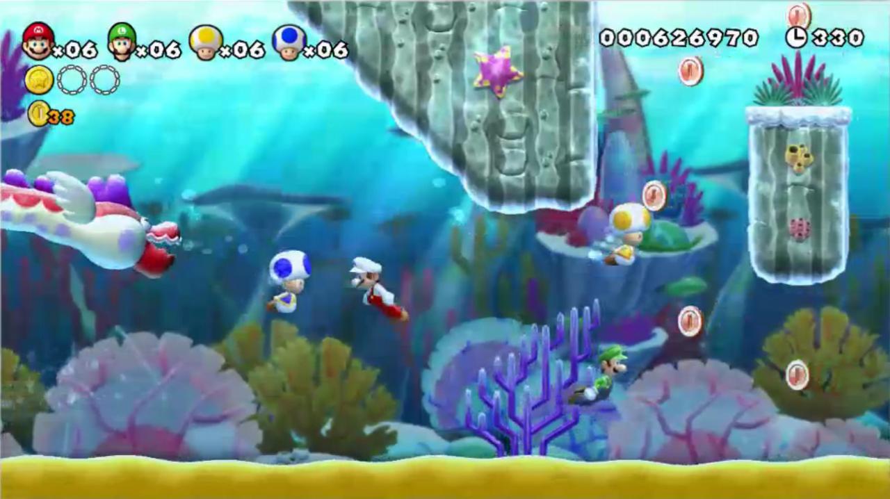 [05/06/2012] New Super Mario Bros U besticht mit kniffligen Levels und gut versteckten Sternenmünzen. Leider drängen die Stärken des Games die wunderschön gezeichneten, detaillierten Hintergründe und die gut aussehende Weltkarte etwas in den Hintergrund.