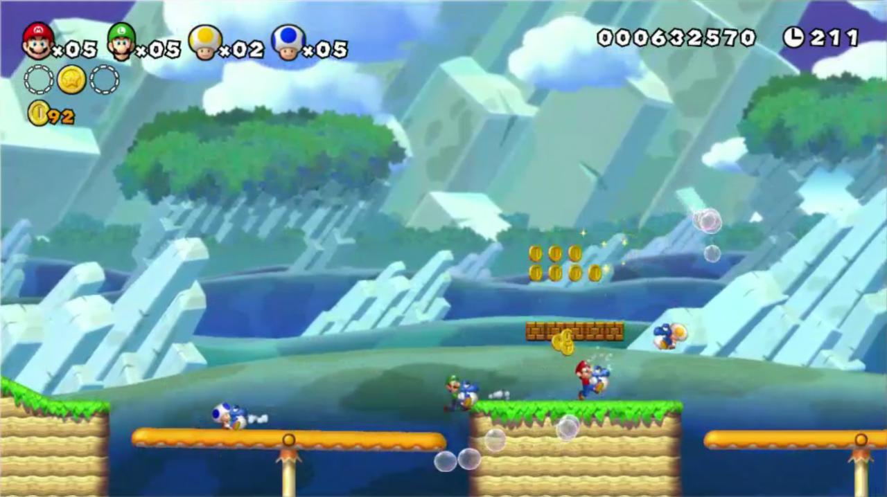 [05/06/2012] Versucht man sich zu viert an New Super Mario Bros. U, hat das meist nur einen Ausgang: pures Chaos! Statt zusammenzuarbeiten, blockiert man sich gegenseitig und hüpft sich vor der Nase rum. Hinzu kommt, dass der Spieler am Gamepad beliebig Klötze platzieren darf und damit hohen Einfluss auf den Verlauf hat. Je nach Lust und Laune kann er die anderen unterstützen oder sie mit den Blöcken in den Abgrund drängen!