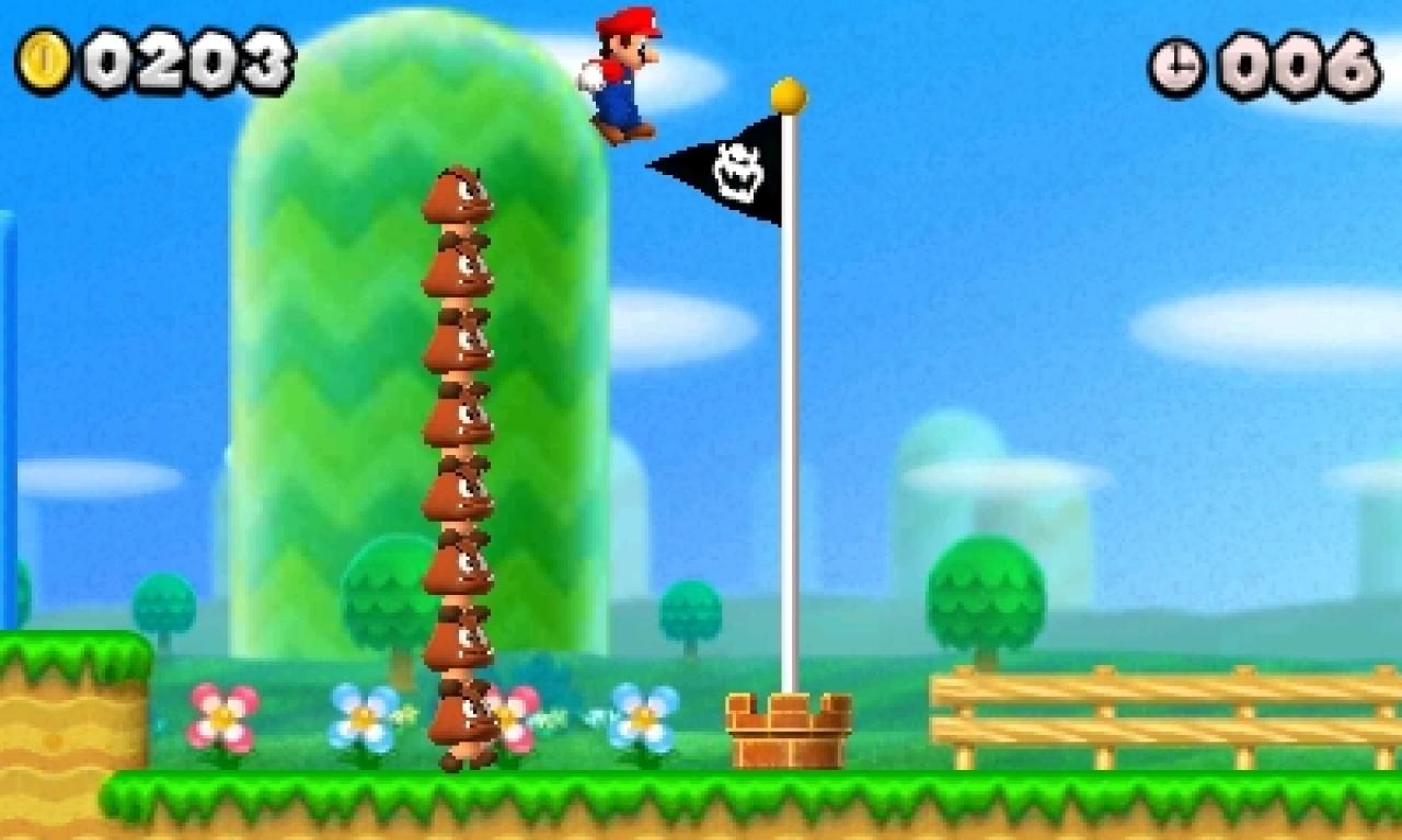 [09/07/2012] Wer in New Super Mario Bros. nach links läuft, wird nie die begehrte Fahne erreichen - und sollte eigentlich künftig ohne seinen 3DS durchs Leben gehen!