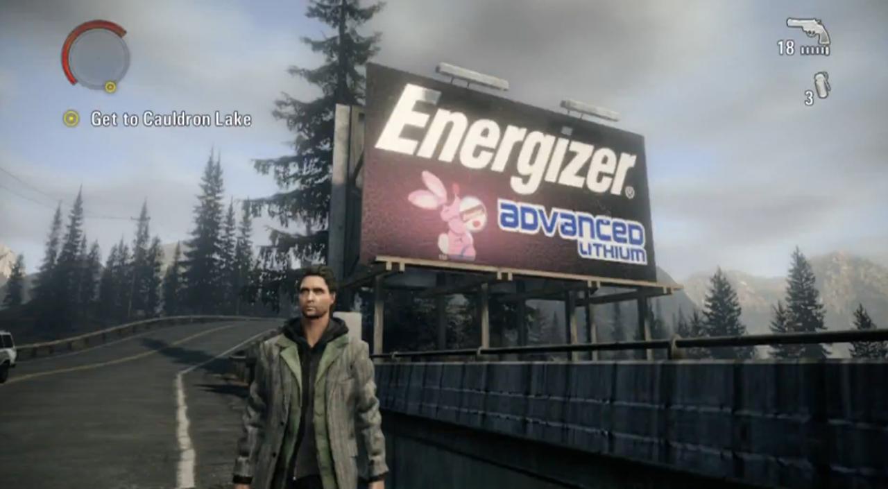 [27/07/2012] Platz 3: Neben einem Revolver ist in Alan Wake das wohl wichtigste Hilfsmittel eine Taschenlampe. Da trifft es sich doch gut, dass die Sponsoren-Firma Energizer Hersteller von Taschenlampen und Batterien ist.