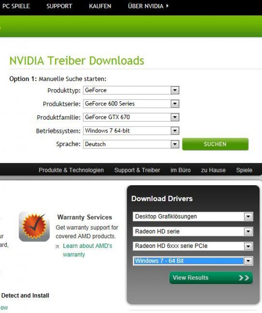 [10/08/2012] Wahlfelder zum Treiberdownload bei Nvidia (oben) und AMD (unten)
