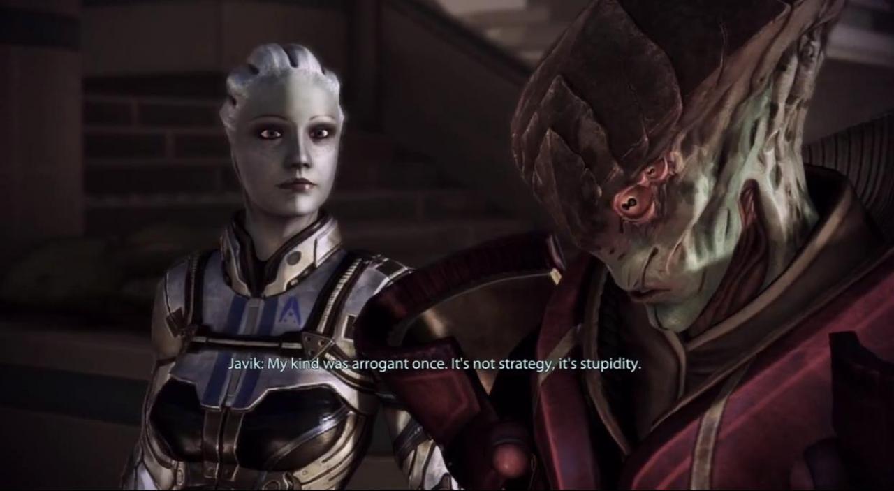 [12/09/2012] Jarvik aus Mass Effect 3 kostete uns den letzten Nerv. Neben der unerträglichen Miene, als ob er ständig beleidigt wäre, nervte er besonders mit seinen Dialogen. Beispielsweise wollte er wissen, ob Shepard Fische in seine Kabine züchtet. What? 