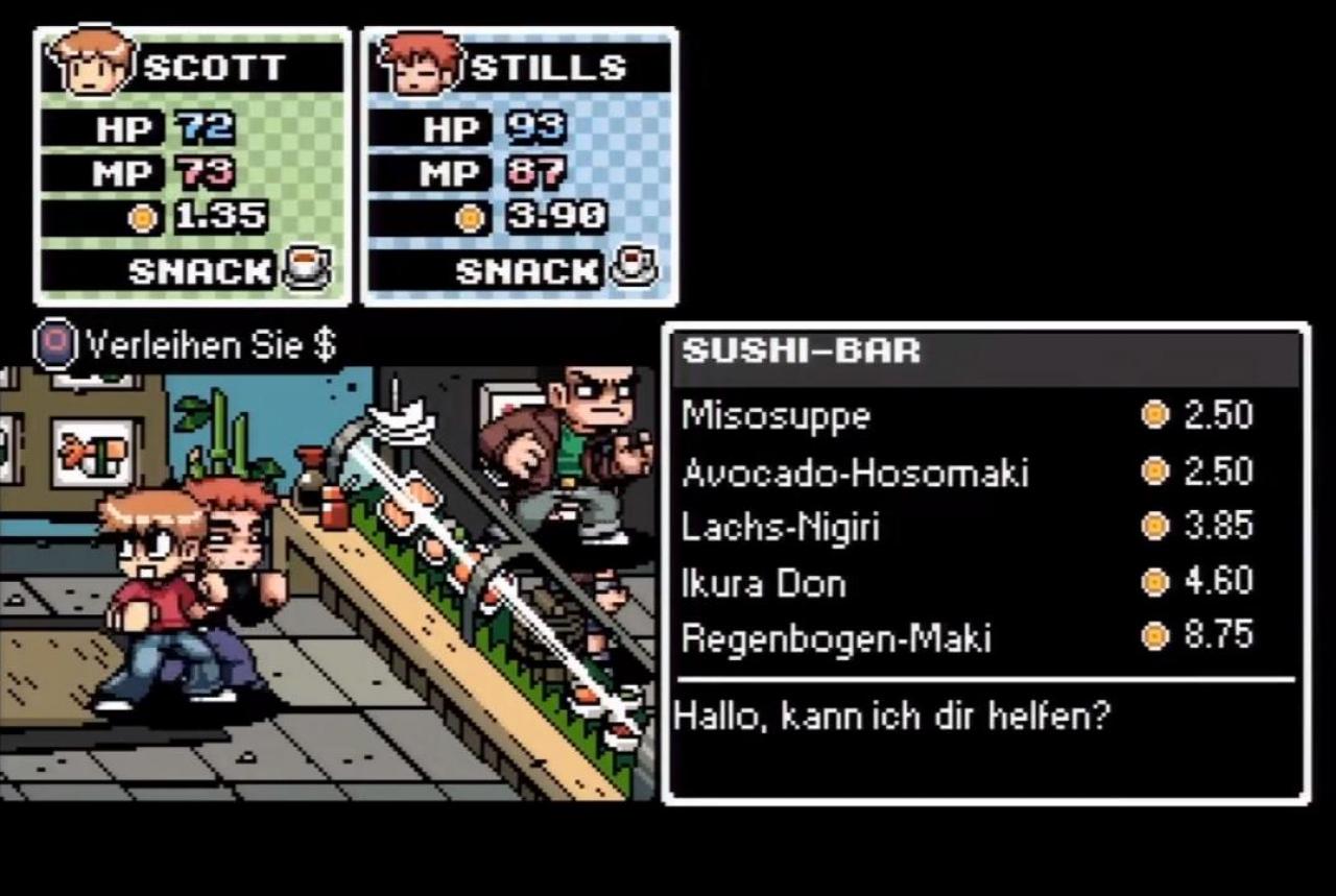 [19/09/2012] In Scott Pilgrim gibt es in einer Sushi-Bar wirkliche Köstlichkeiten . Neben Avocado Hosomaki, Regenbogen-Maki und Ikura Don warten noch zahlreiche Leckerbissen mehr auf den Käufer. Ob der Inhalt bei den ganzen Kämpfen im Magen bleibt? Wir wagen es stark zu bezweifeln.