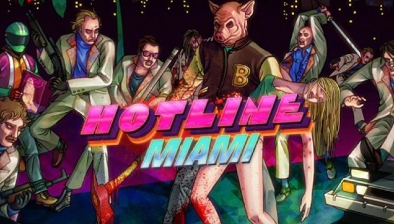 Schriftzug "Hotline Miami" mit mehreren Figuren im Hintergrund