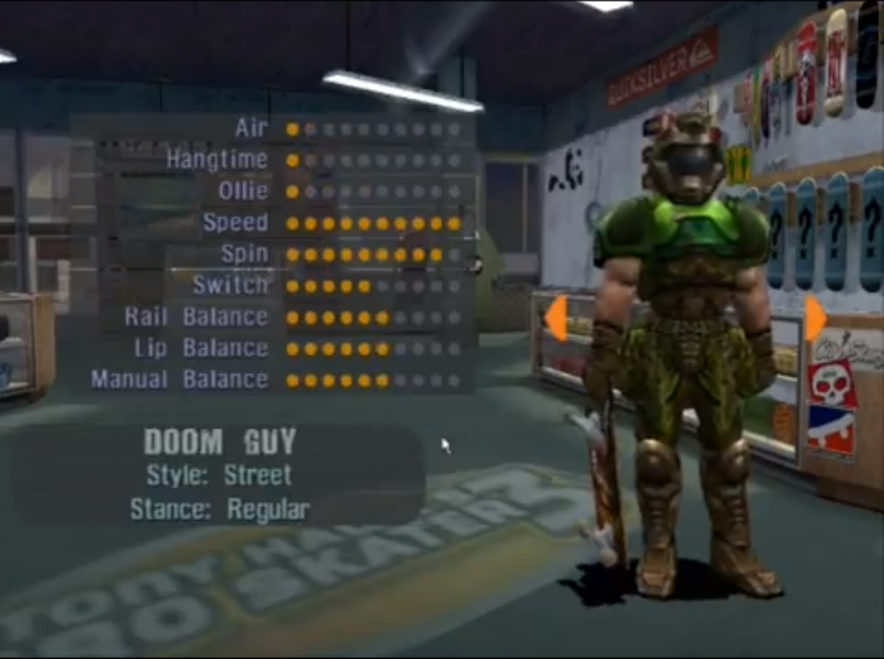 [11/10/2012] Laut Activisions Tony Hawk's Pro Skater 3 ist der Hauptdarsteller der Doom-Spiele in seiner Freizeit gern im Skate-Park unterwegs, wobei er sich seinen Statuswerten nach insbesondere auf Street-Skating spezialisiert hat. Der geheime Skater kann nur über den Cheatcode 