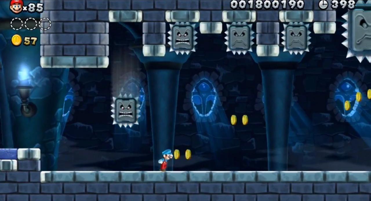 [11/01/2013] Bereits zu Zeiten des Super Nintendo musste Mario aufpassen, nicht von den heimtückischen Steinblöcken zerquetscht zu werden. Auch in New Super Mario Bros. U gibt es knackige Geschicklichkeitsspiele.