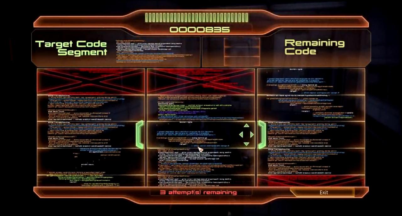 [27/03/2013] Mass Effect 2 löst das Hacken und Schlösserknacken durch zwei Minispiele. Um in einen Computer einzudringen, muss Shepard eine bestimmte Anzahl von Textsegmenten aus einer Liste heraussuchen. Das Schlossknacken ist ein Memory, bei dem er Zweierpaare bildet.