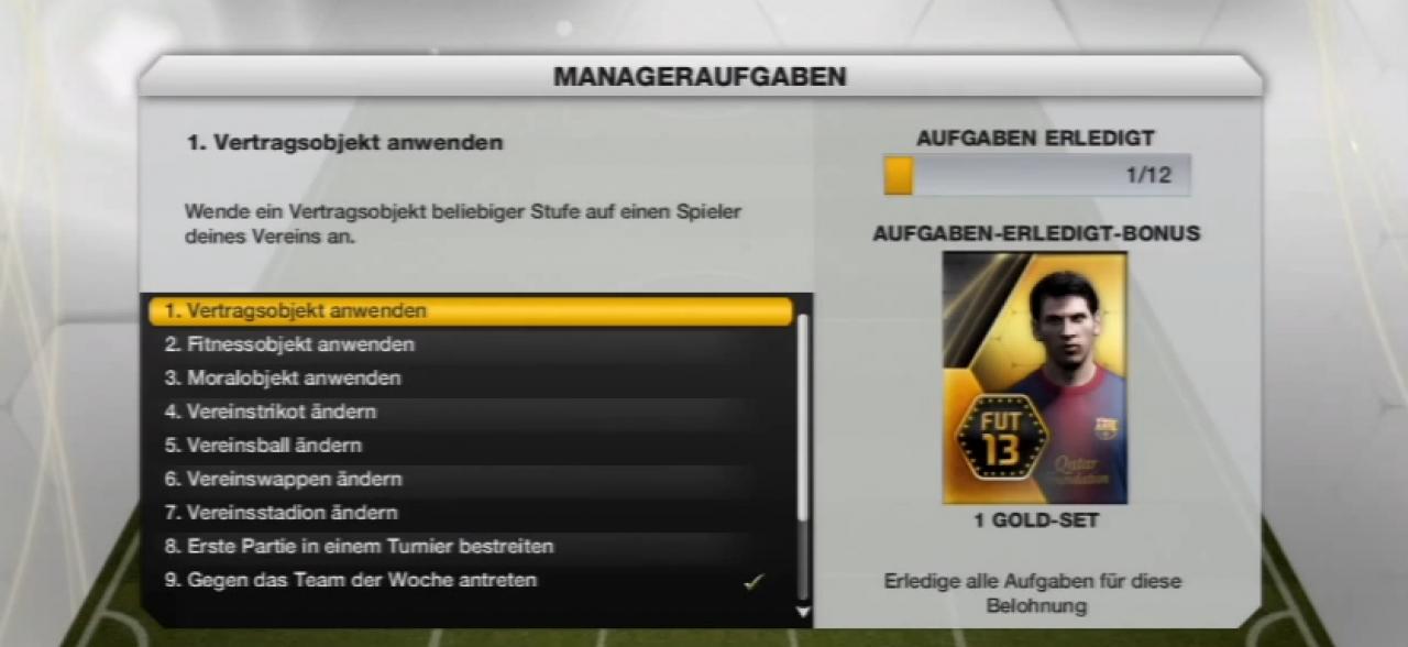 [06/05/2013] FIFA 13 Ultimate Team - Erfüllt die Manageraufgaben und erhaltet ein Gold-Set für eure Mannschaft.