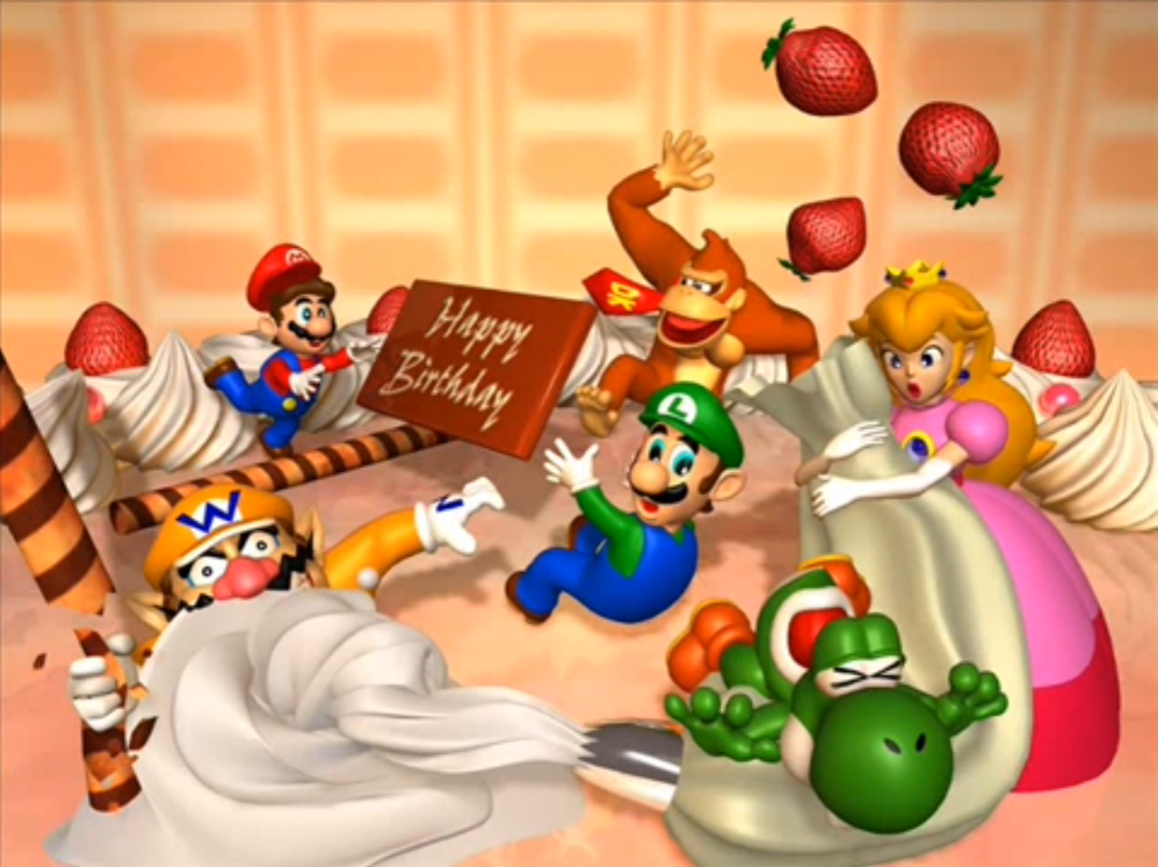 [28/08/2013] Ein echter Knaller auf Sausen ist das Spiel Mario Party. Hier wurde Prinzessin Peach nicht nur ein leckerer Geburtstagskuchen zum Geschenk gemacht, nein, sie erhält gleich eine ganze Welt aus Kuchen! Vielleicht sollte Mario die blonde Prinzessin nicht allzu sehr verwöhnen?