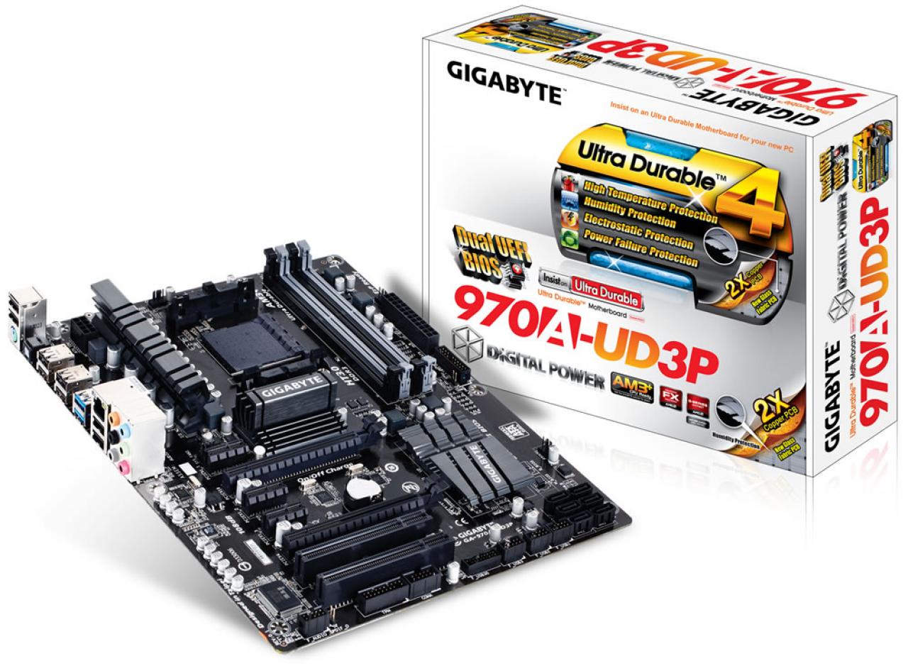 [14/08/2013] Eines von vielen Modellen für den Sockel AM3+ unter 100 Euro: das Gigabyte GA-970A-UD3P