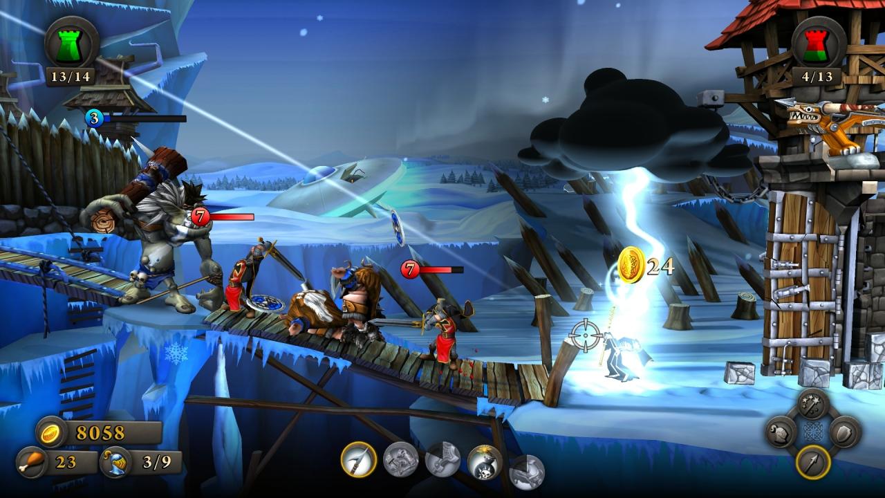 [01/08/2013] Castlestorm im Test: Aktive Einheiten darf man nicht steuern. Allerdings kann man mit Zaubern wie diesem Gewitterblitz ins Geschehen eingreifen.