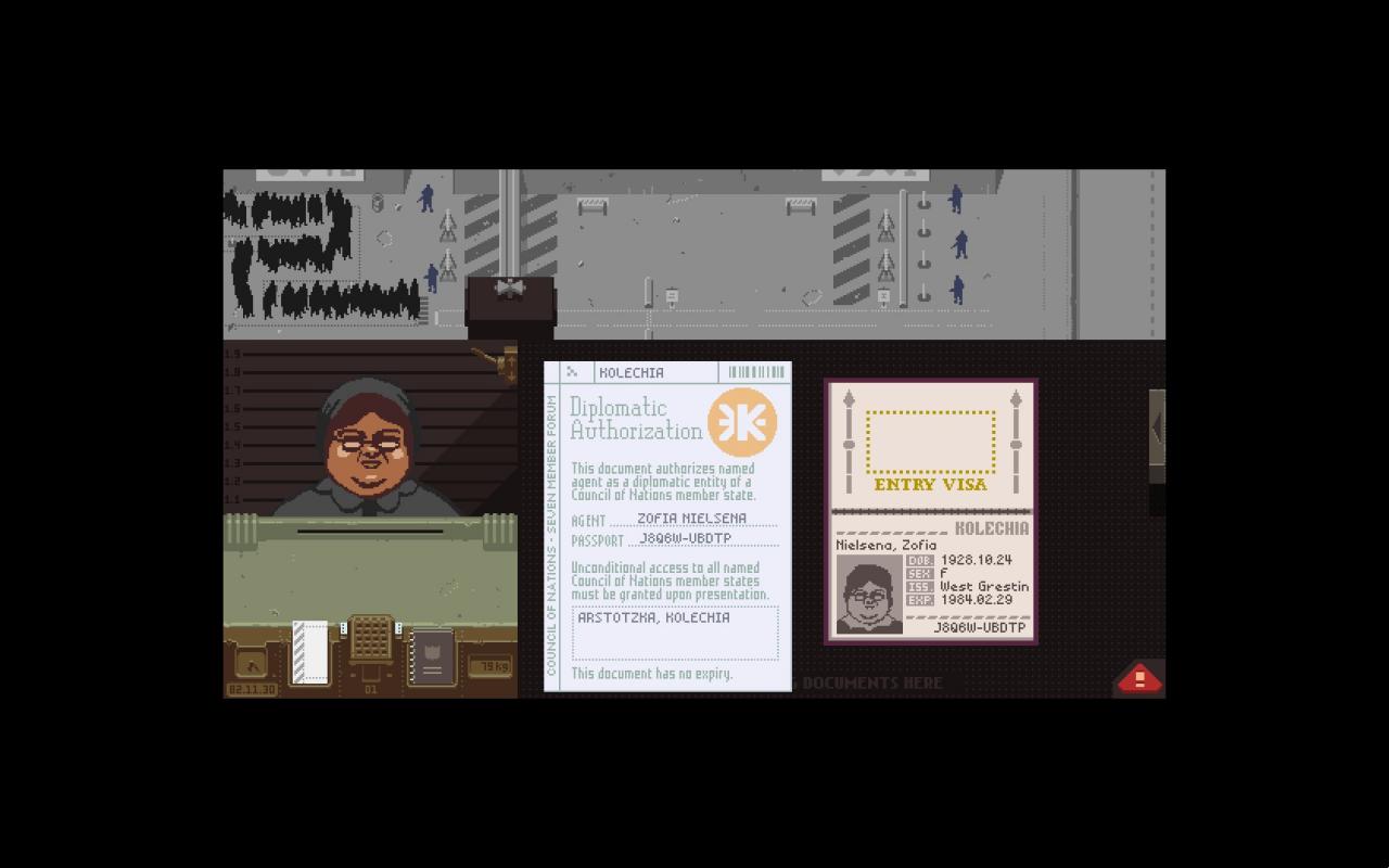 [09/08/2013] In Papers, Please überwacht ihr eine Grenze. Klingt einfach - ist es aber nicht. Ihr müsst immer die Zeit im Auge behalten und versuchen den bestmöglichen Job zu machen. Macht ihr Fehler, bekommt ihr weniger Geld und könnt eure Familie nicht mehr unterstützen. Die Entscheidungsmöglichkeiten spiegeln sich auch in den über 20 Enden wider.
